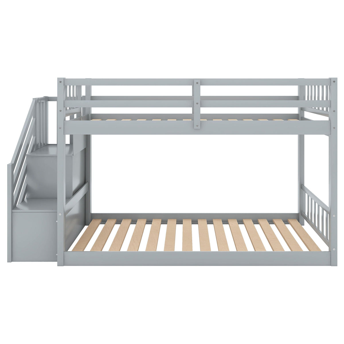 Twin Over Twin Floor Bunk Bed with Ladder Storage - White or Dark Gray