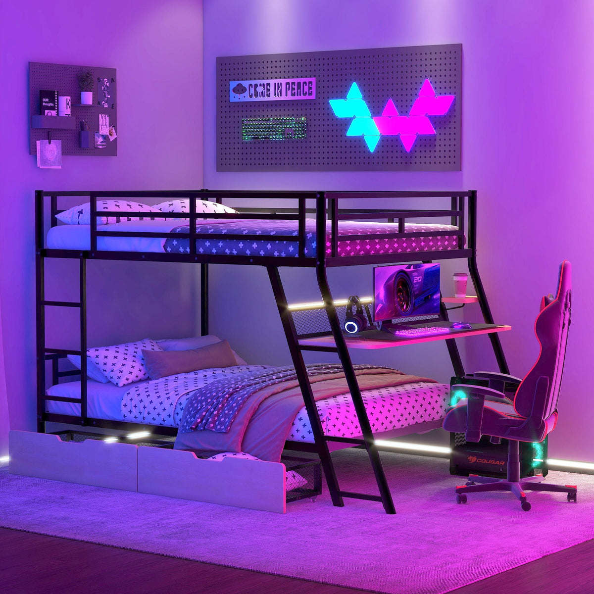 Full Size Bunk Bed with Built-In Desk, Light & 2 Drawers - Black