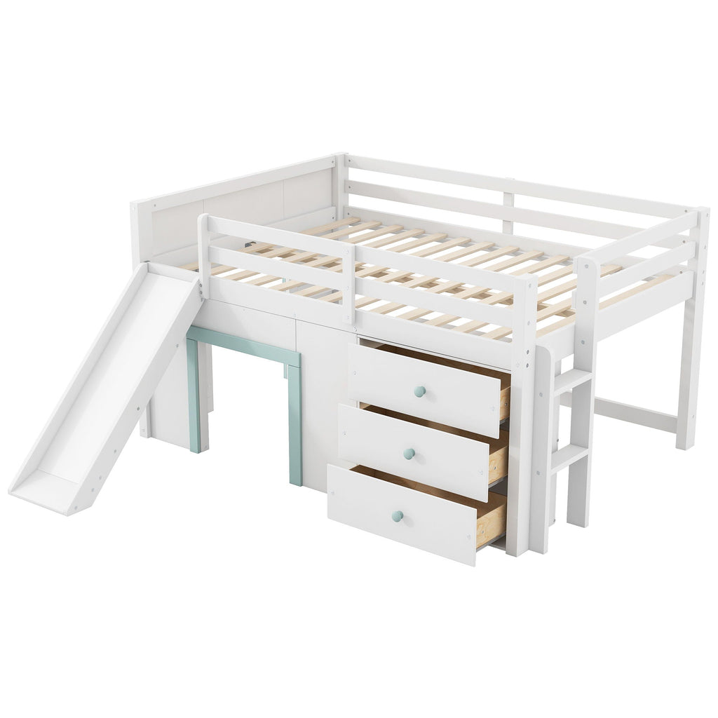 Modern Low Loft Bed with Slide, 3 Storage Drawers and 2 Doors - White
