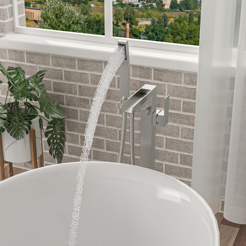 Freestanding Bathtub Faucet Waterfall Tub Filler with Hand Shower - Brushed Nickel
