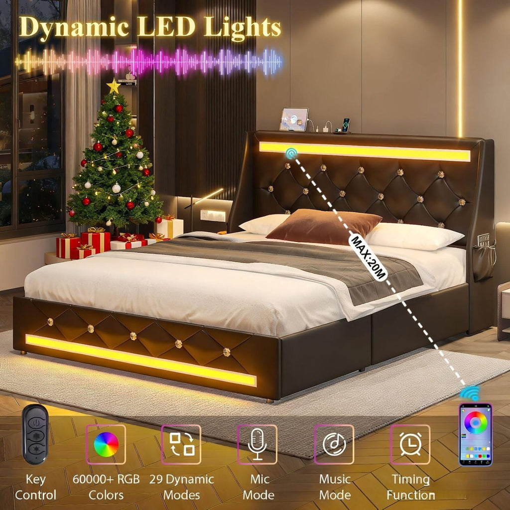 Wingback Upholstered Bed Frame with LED Lights and Charging Station - Black or White