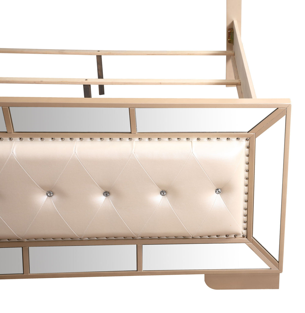 Contemporary Panel Bed with Mirrored Accents - Beige or Pearl Silver