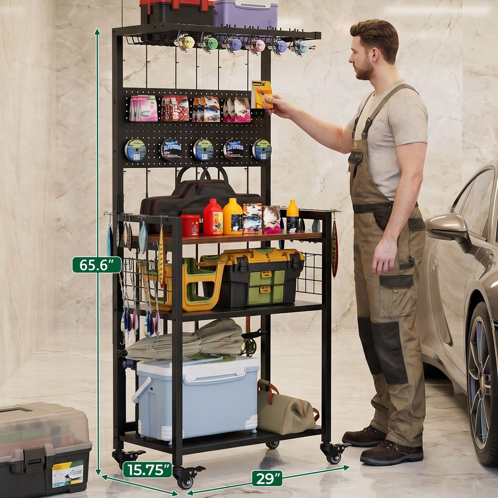 Fishing Rod Storage Rack with Pegboard - Rolling Tackle Organizer Cart - Black