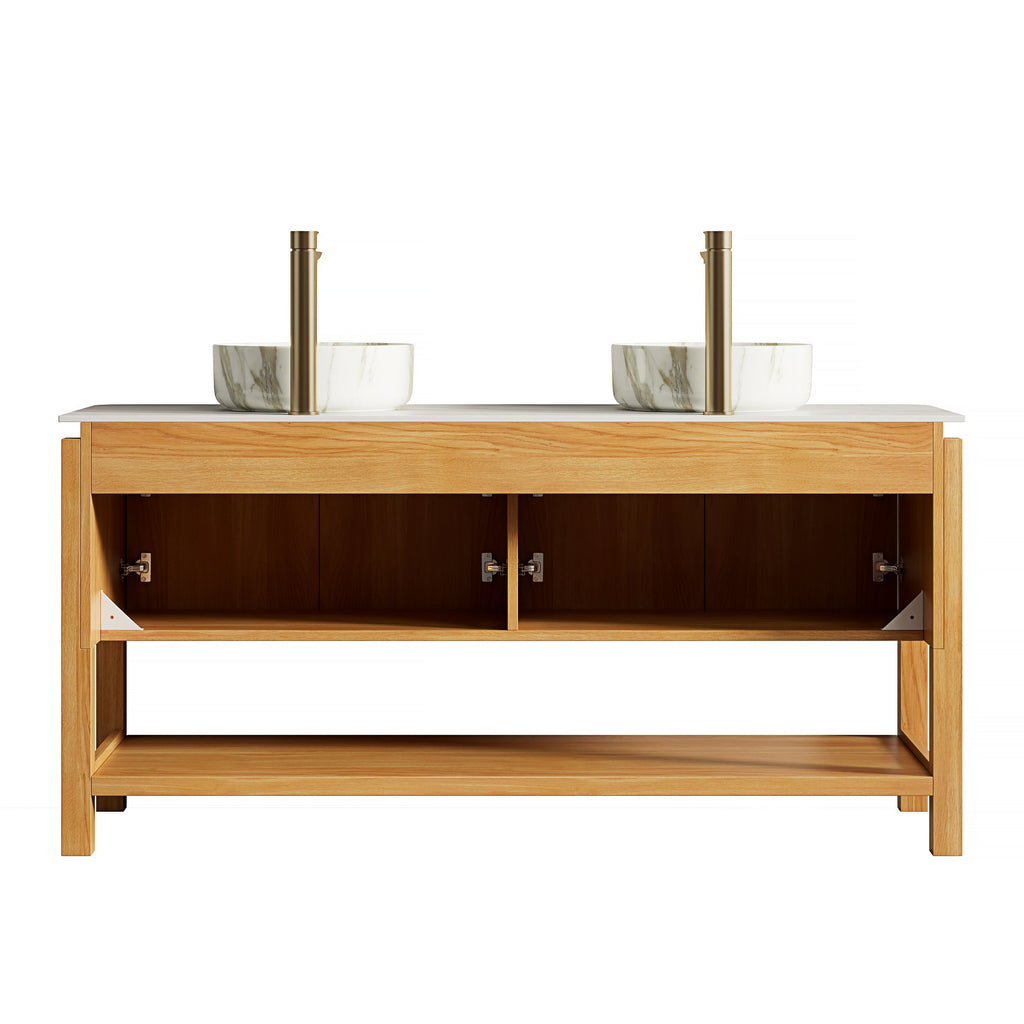 60" Bathroom Vanity with Sintered Stone Top and Dual Sinks - Natural Finish