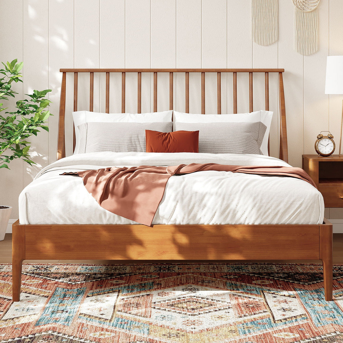 Bohemian Platform Bed with Tall Headboard - Dark Brown or Black