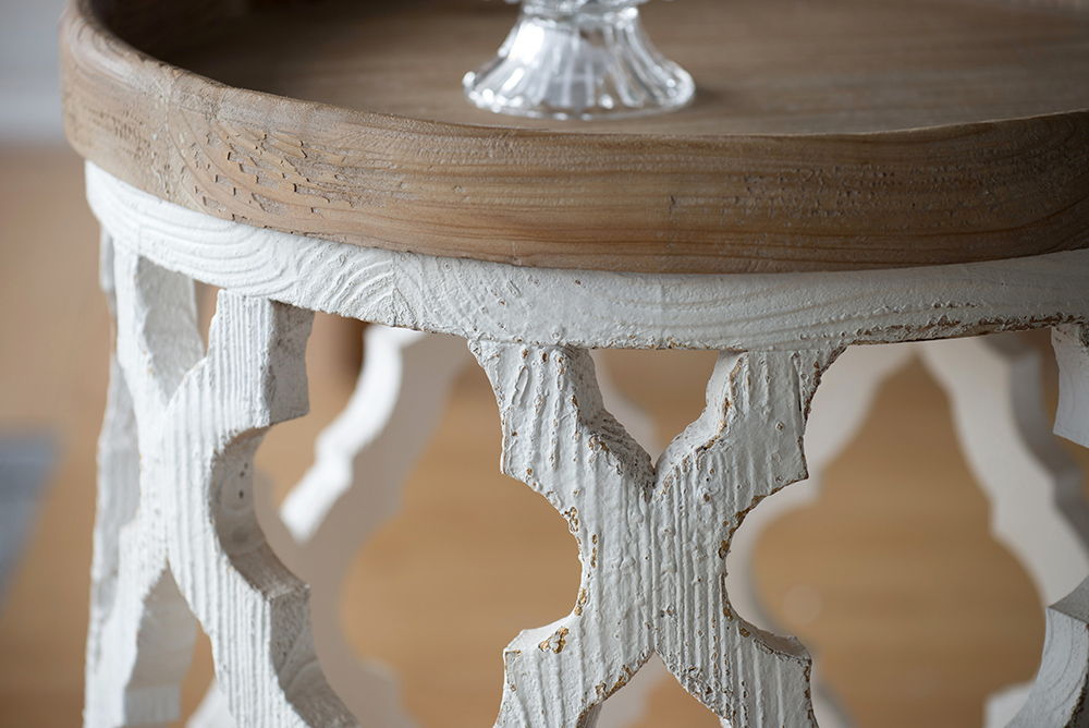Rustic Round Wooden Side Table with Lattice Detail - Light Brown