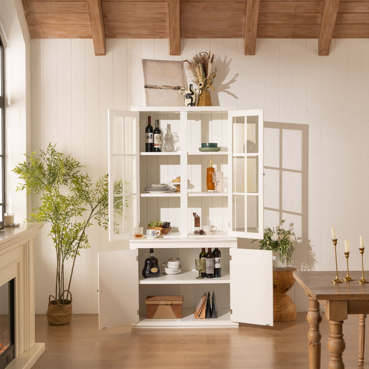 Retro Style Hutch Cabinet with Glass Door - White