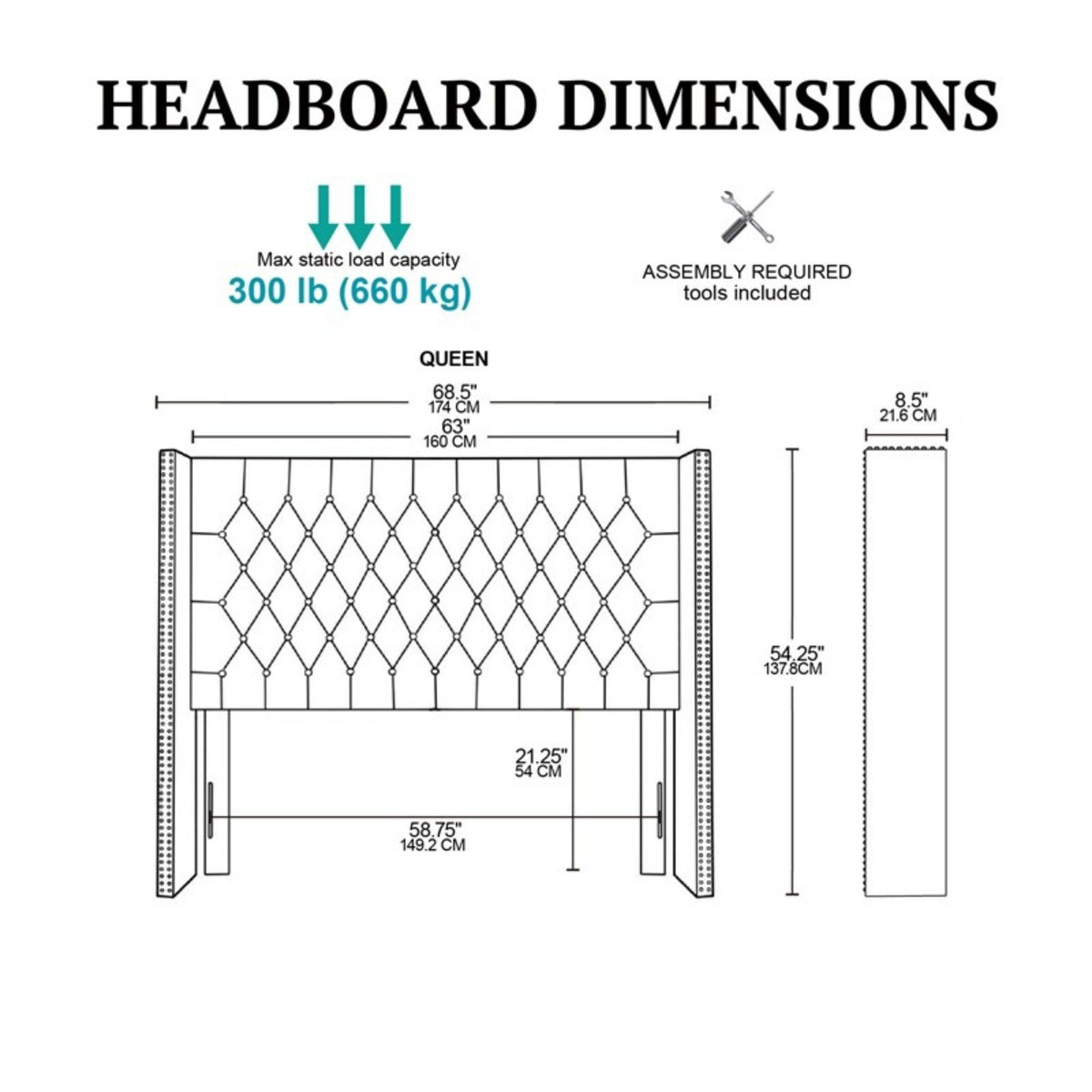 Transitional Upholstery Headboard with Tufted Buttons and Nailhead Trim - Queen, Gray or Blue
