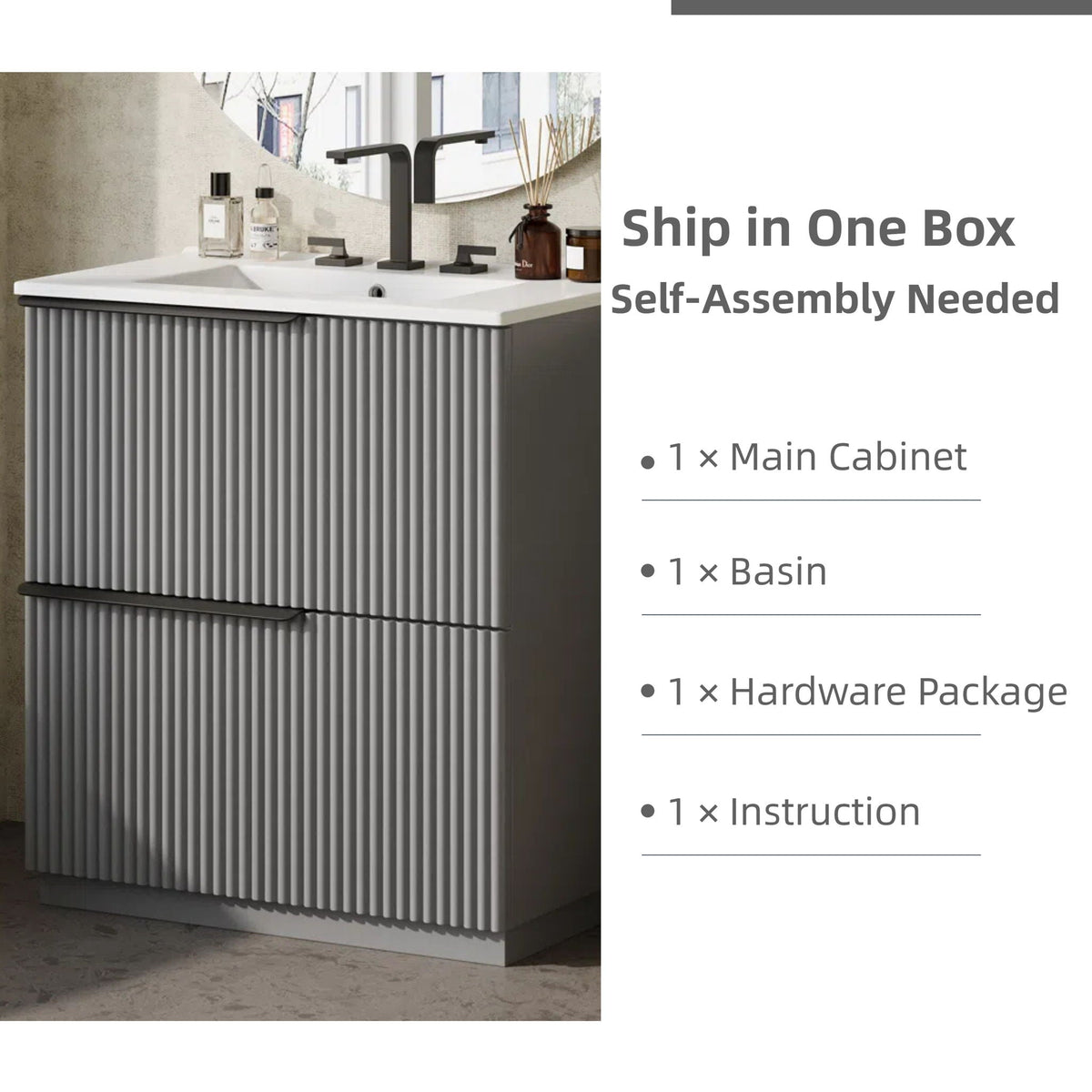Fluted Bathroom Vanity with Ceramic Sink and Moisture-Proof Cabinet - 30" Wide