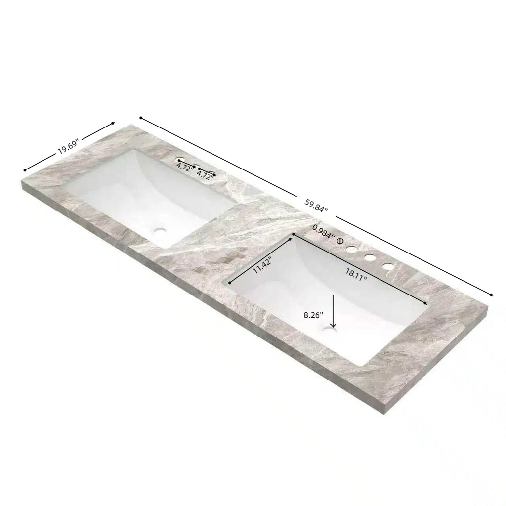 60" Elio Bathroom Undermount Ceramic Sink Vanity Top with Curved Edge - Light Gray