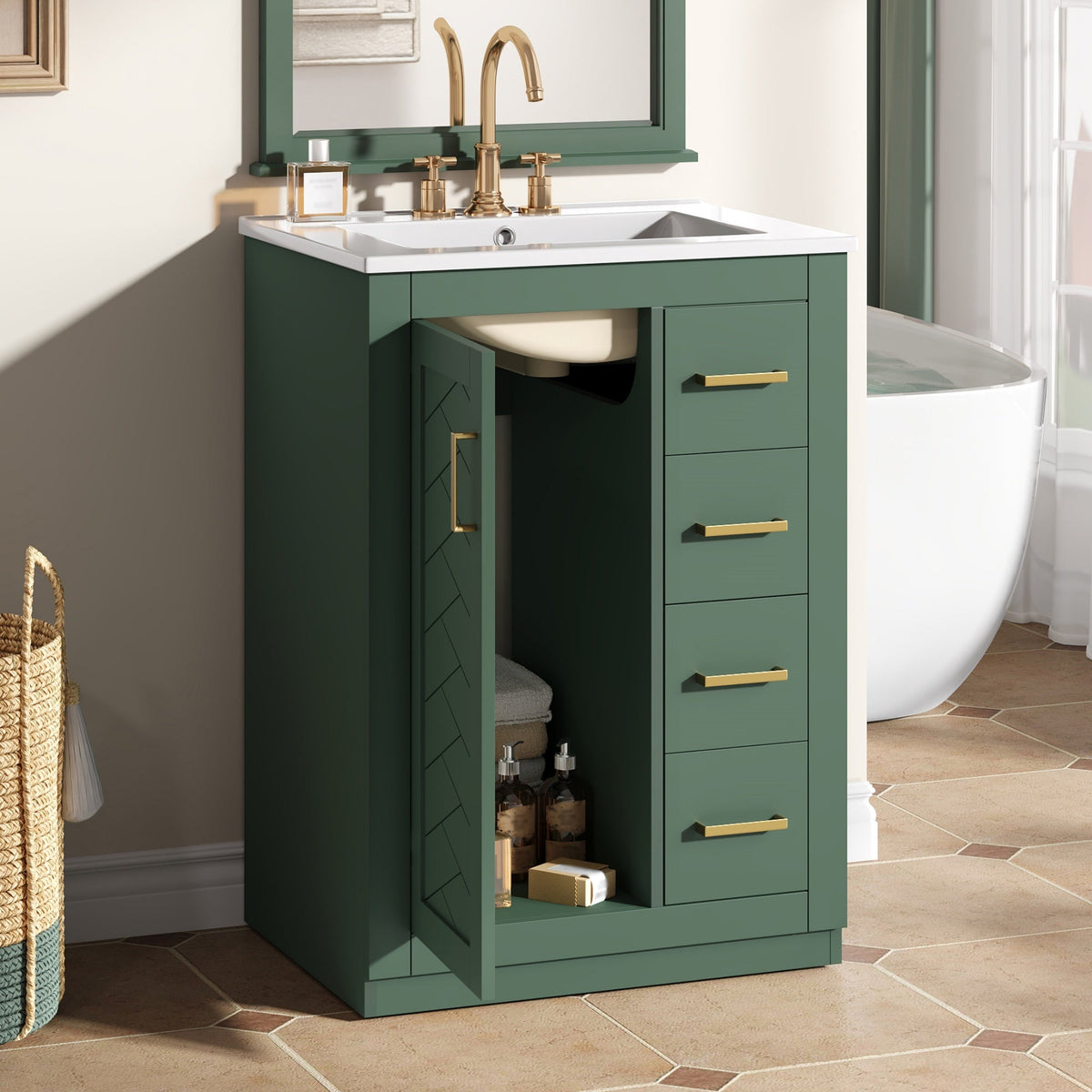 24" Bathroom Vanity with Integrated Ceramic Sink and Storage - Green