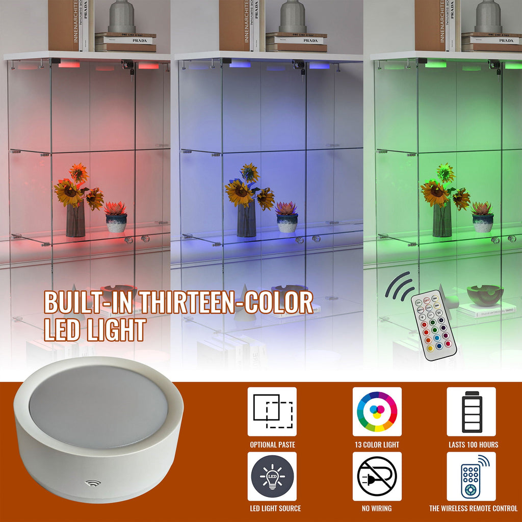 Glass Display Cabinet with LED Lights and Large Drawers - Natural / White