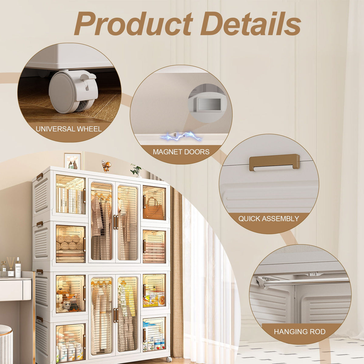 Portable Wardrobe Closet Storage Organizer with Magnetic Doors - White