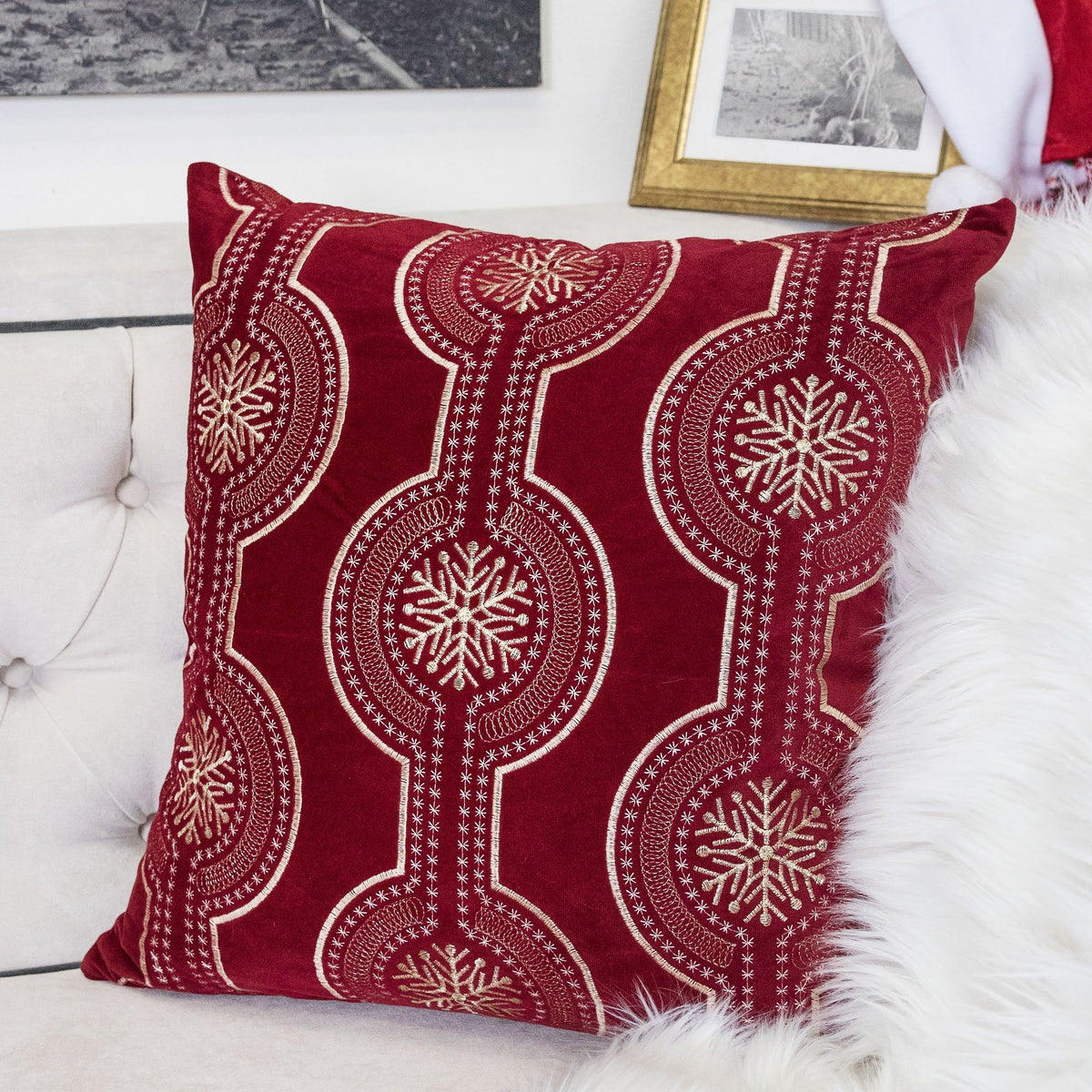 Holiday Throw Pillow with Snowflake Embroidery - 20x20 Inch