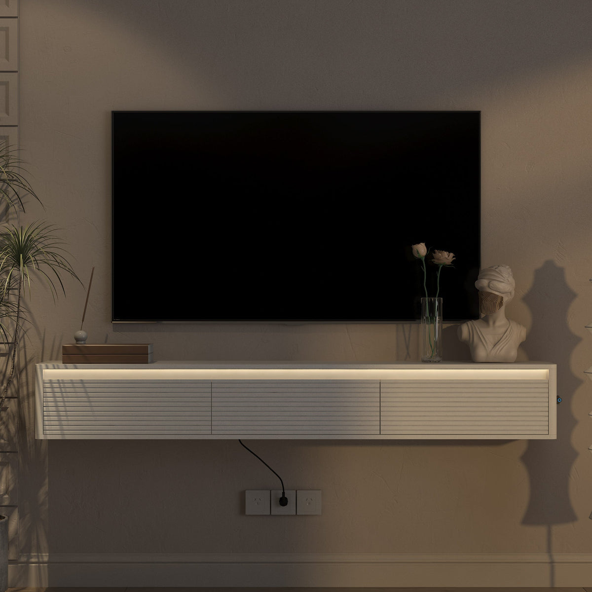 Floating TV Stand with LED Lights & Power Outlet - White or Black