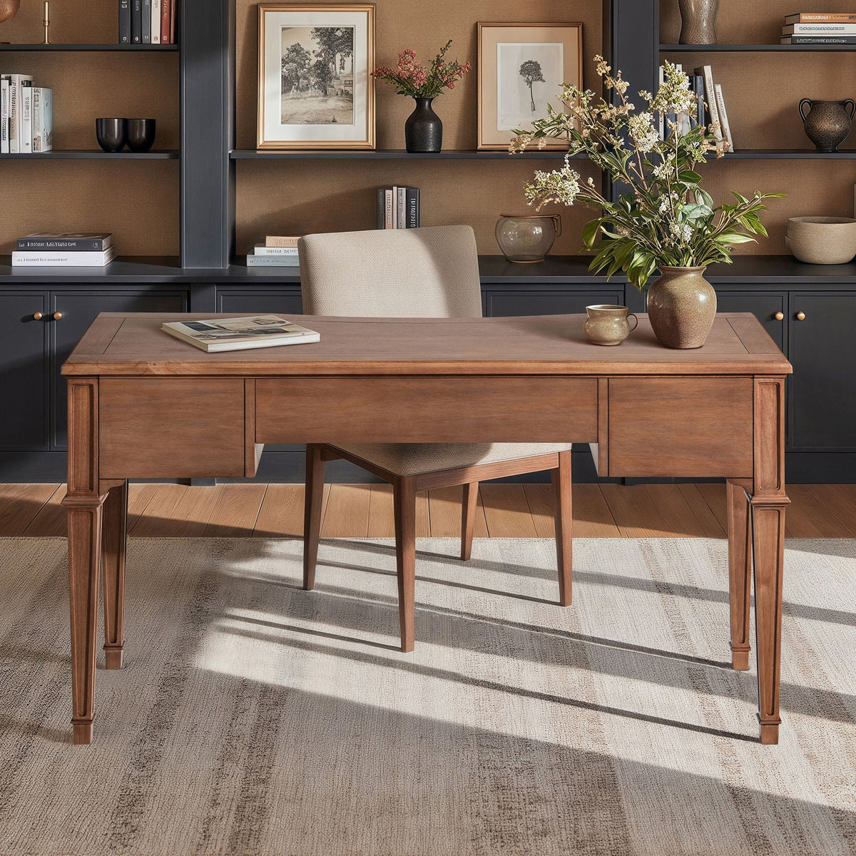 Brown Executive Desk with 3 Drawers - Satin-Gold Hardware