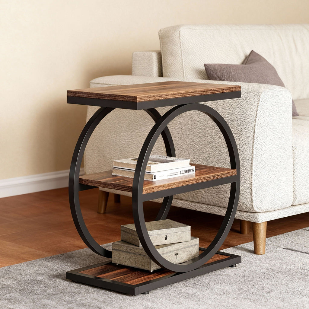 Industrial Narrow End Table with 3 Shelves - Dark Gray, Light Brown, or Dark Brown