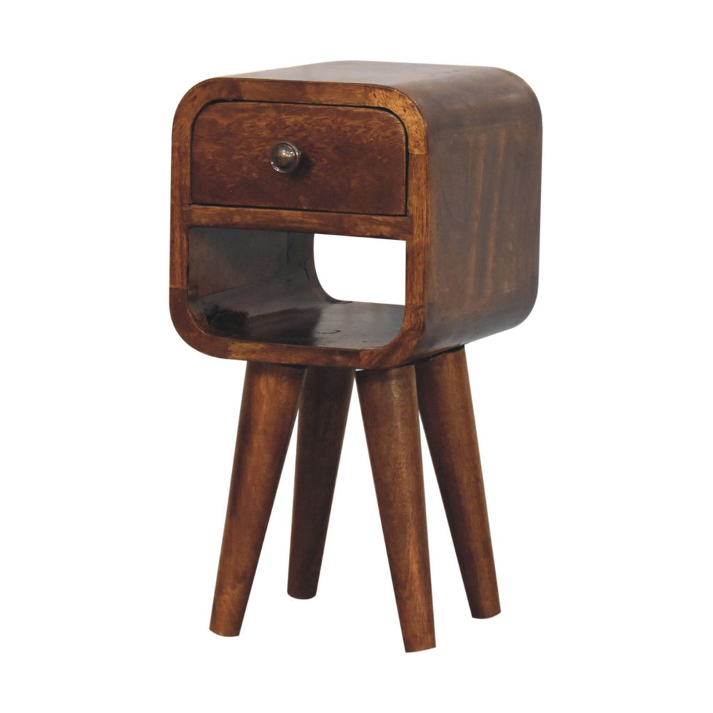 Solid Wood Extra Mini Nightstand with Curved Lower Shelf - Chestnut