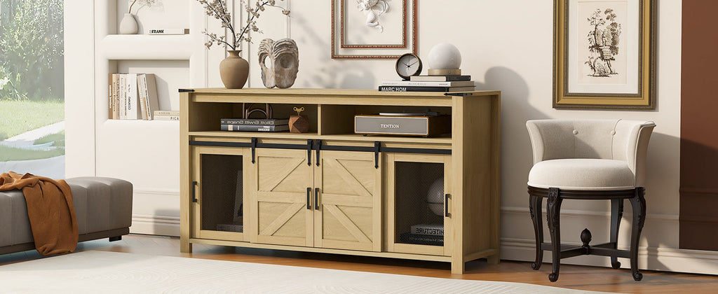 59.3'' Sideboard with Sliding Barn Door & Mesh Panels - Brown