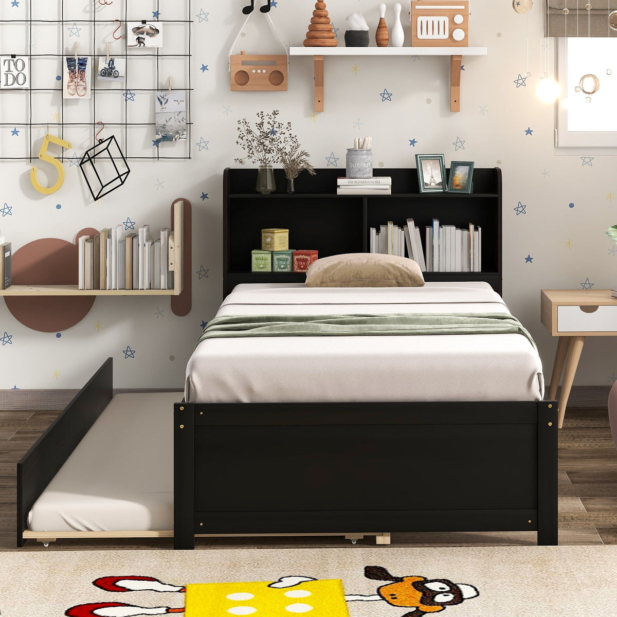 Twin Bed With Trundle and Bookcase Headboard - Wood Frame, Multiple Colors