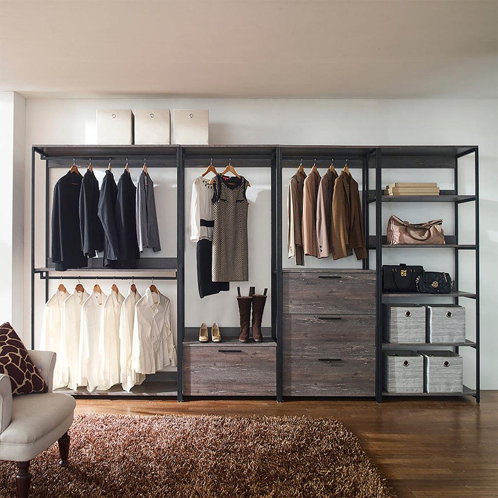 Dark Brown Walk-In Closet with Three Drawers and Shelf - Spacious, Eco-Friendly Storage