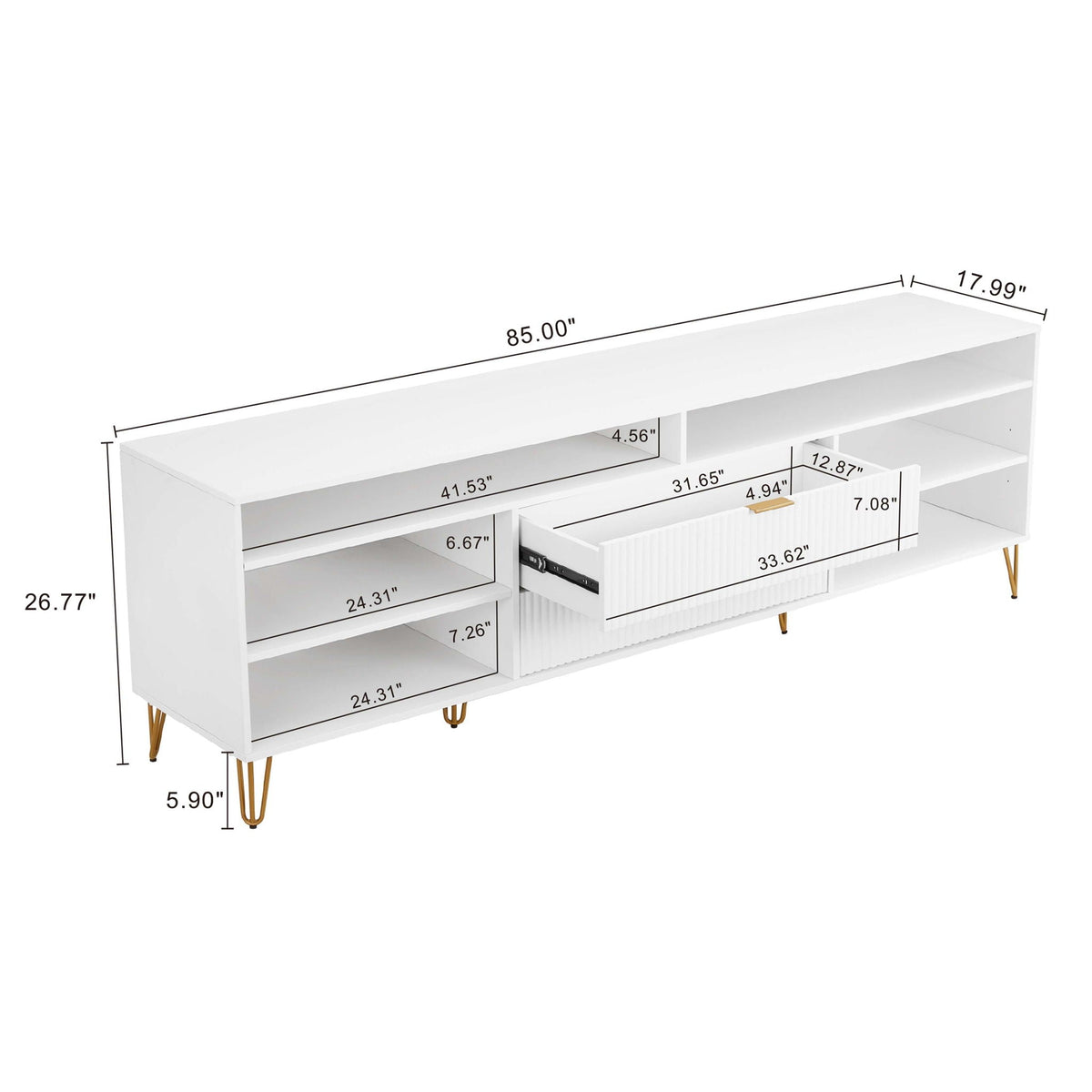 Fluted TV Stand with Storage and Metal Legs - Multiple Colors