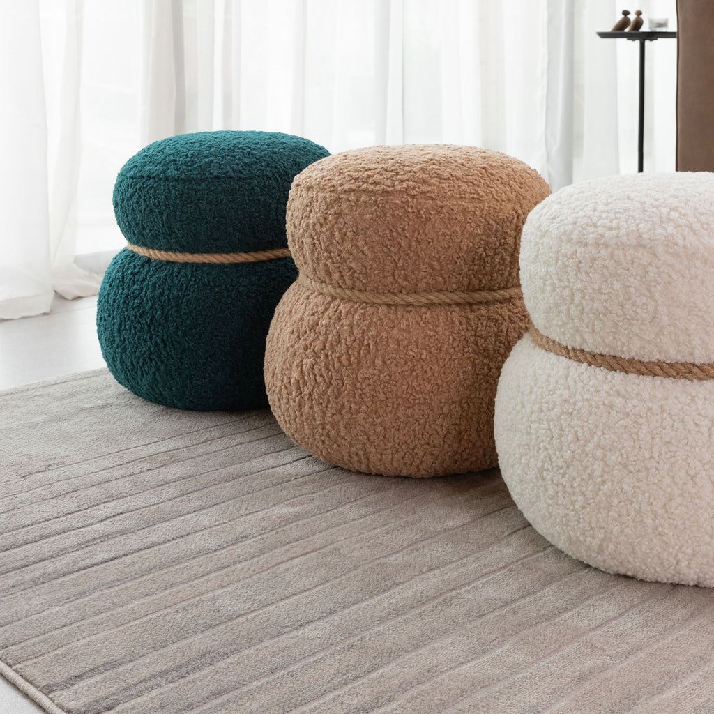 Snowman Stool Ottoman with Lamb Wool Cushion and Solid Wood Frame - White, Light Brown, Dark Green