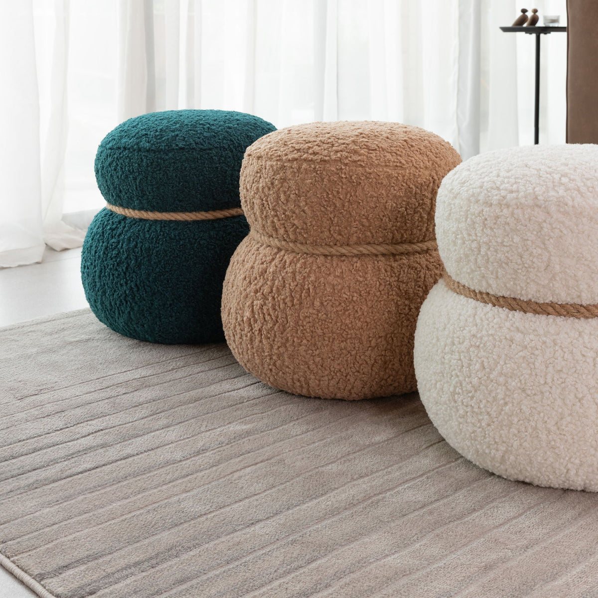Snowman Stool Ottoman with Lamb Wool Cushion and Solid Wood Frame - White, Light Brown, Dark Green