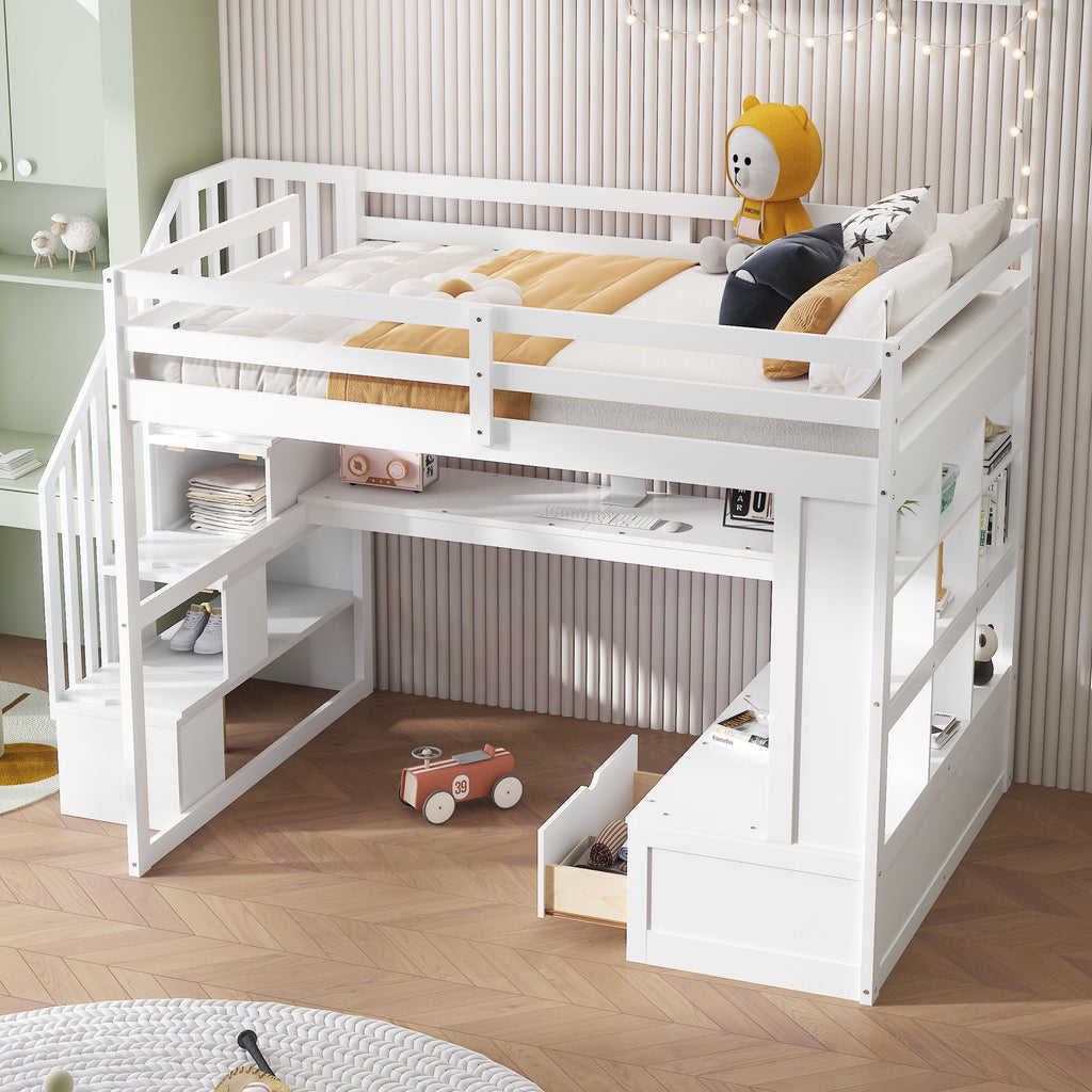 Full Size Loft Bed with Desk, Drawers & Storage Staircase - White