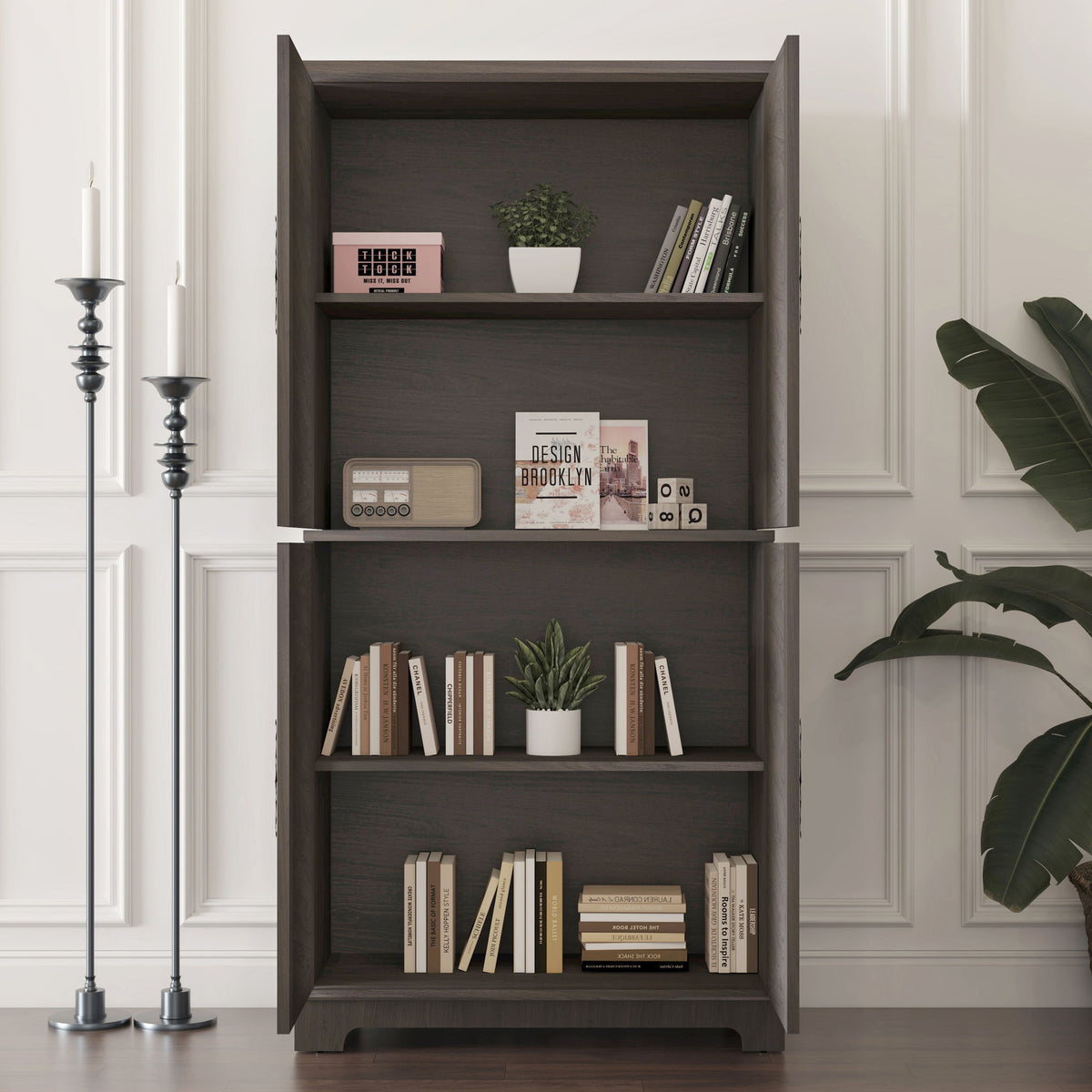 Modern Sideboard Buffet with Mirrored Doors and Adjustable Shelves - Dark Brown or Gray