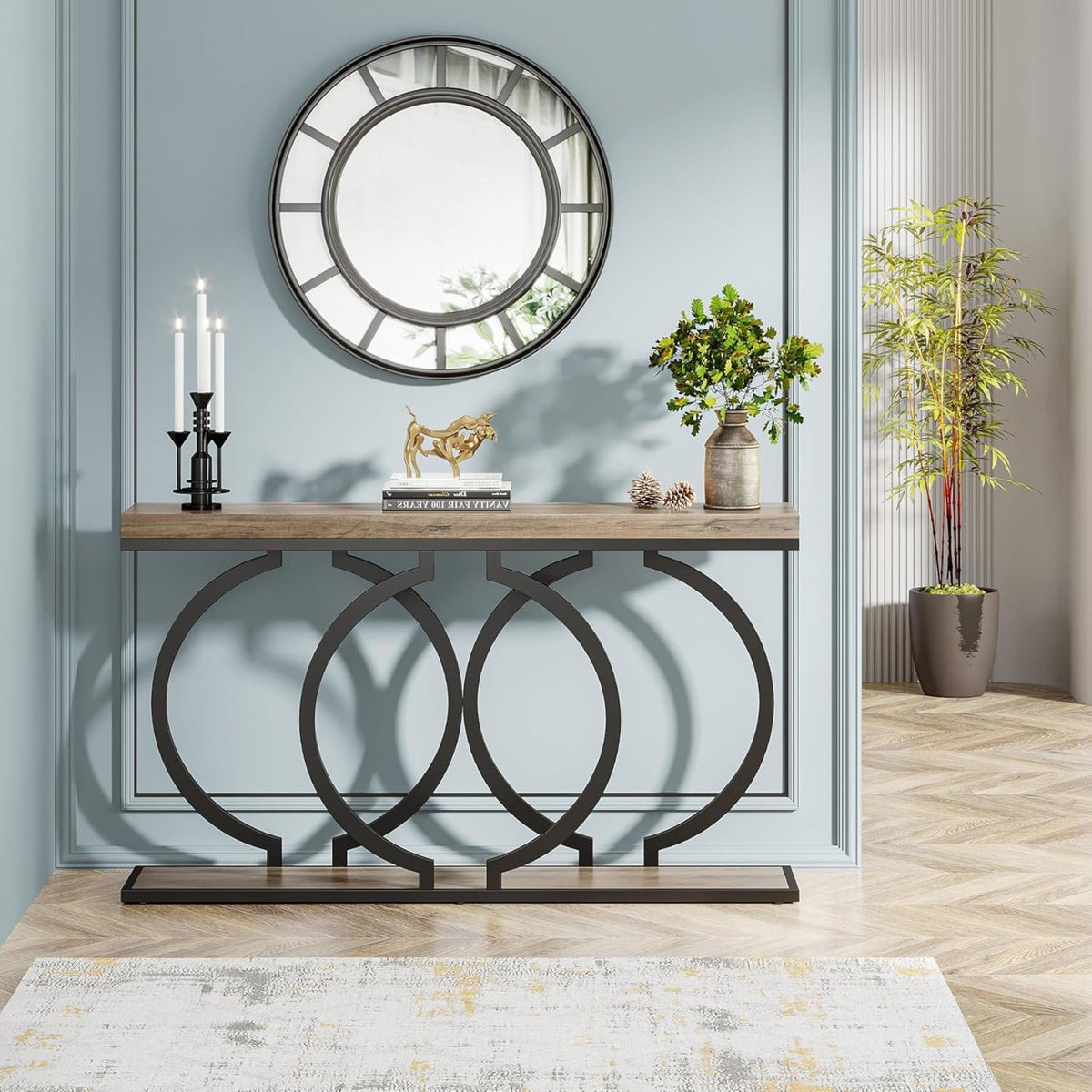 Narrow Long Console Table with Geometric Frame - Gray