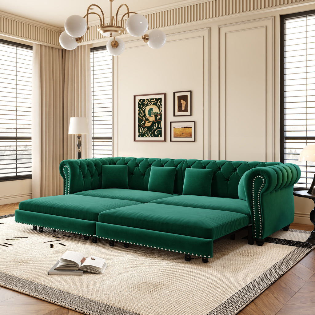 Chesterfield 3-in-1 Pull-Out Sofa Bed with Convertible Sleeper - Green