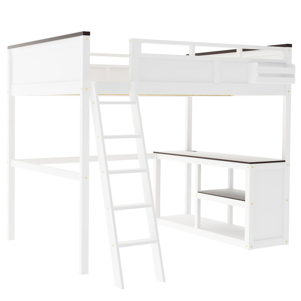 Queen Size Loft Bed with Desk, Storage, and USB Charging Station - White