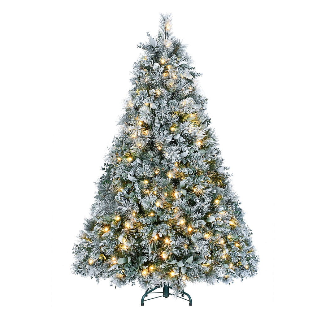 4FT Prelit Flocked Christmas Tree with Pine Needles & Eucalyptus Leaves - Flocked