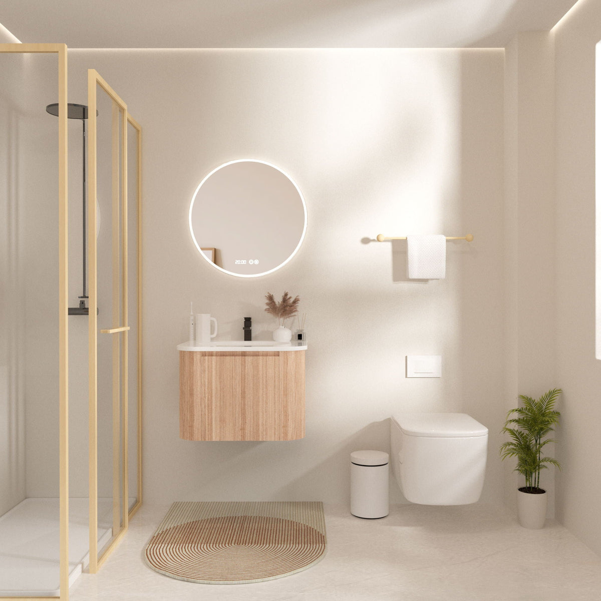 Light Brown Wall Mounted Bathroom Vanity with Sink - Curved Front