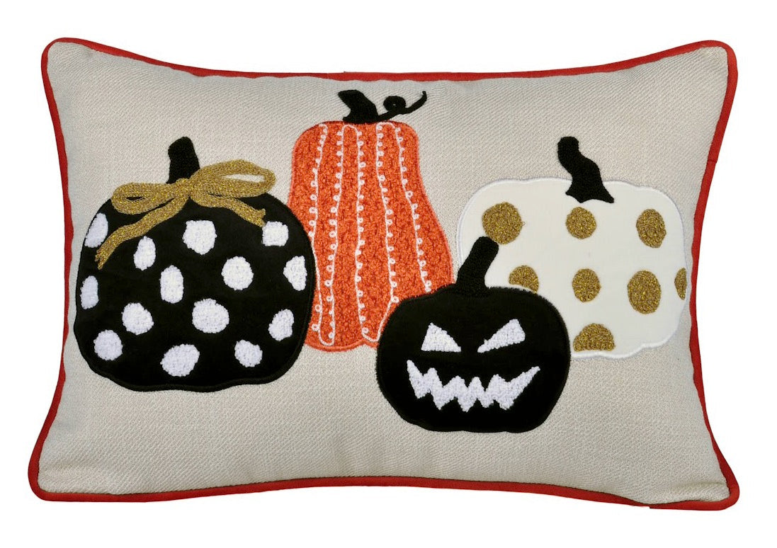 Halloween Pumpkin Embroidered Throw Pillow with Polka Dot – Multi