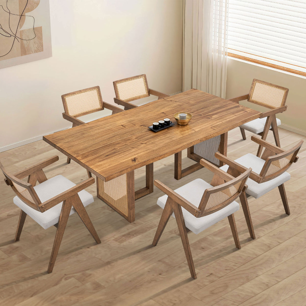 Oversize Rectangular Waves Dining Table with Rattan Weave - Natural Finish