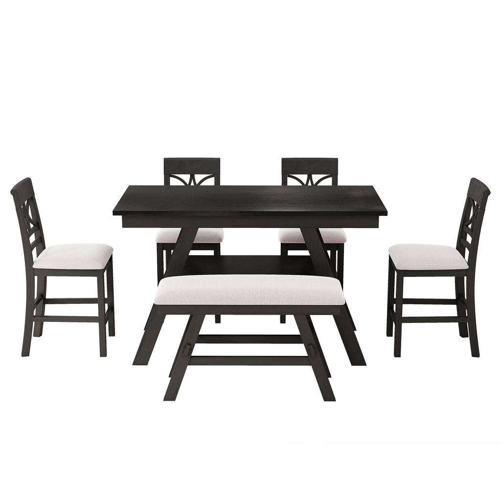 6 Piece Counter Height Dining Table Set with Storage Shelf - Espresso Wood