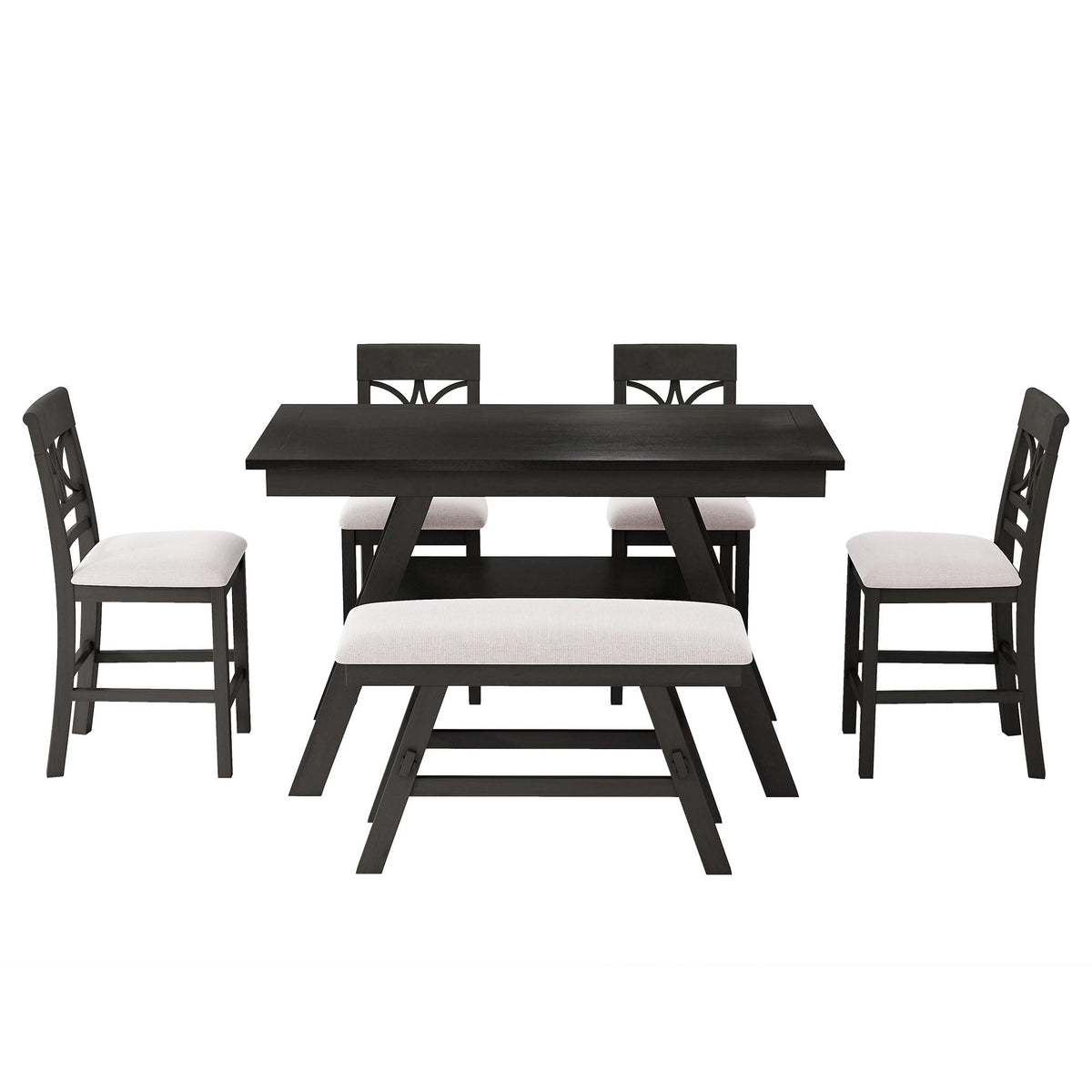 6 Piece Counter Height Dining Table Set with Storage Shelf - Espresso Wood