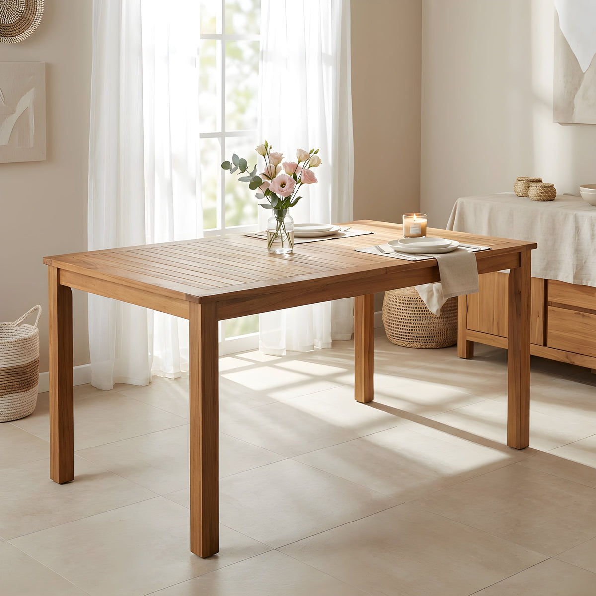 Acacia Wood Patio Dining Table with Slatted Top - 67" Rectangular