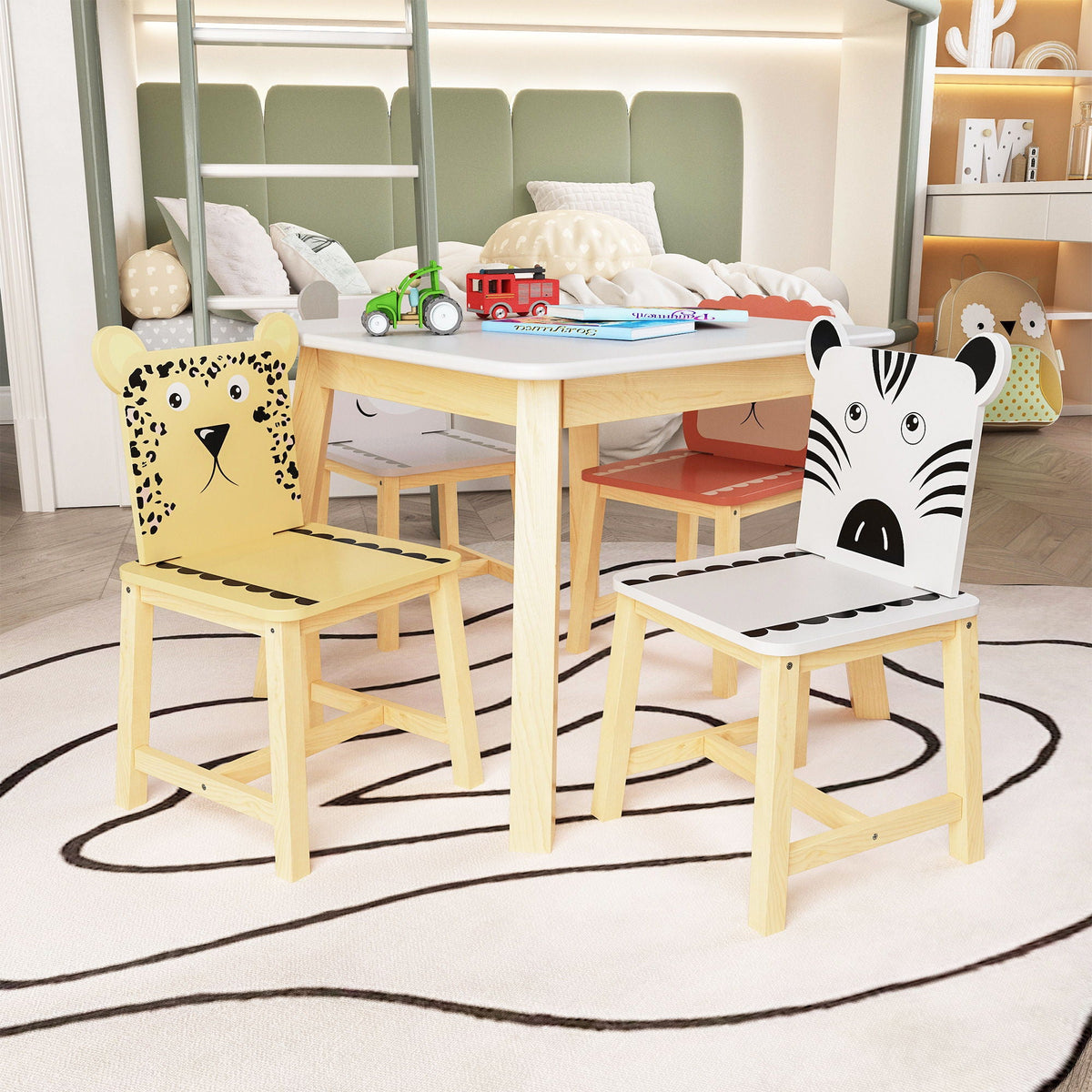 Kids Table and Chair Set with Cartoon Animals Design - White