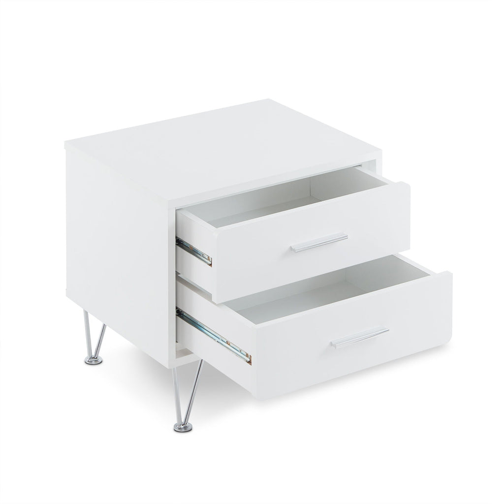 White Accent Table with Storage Drawers and Chrome Legs