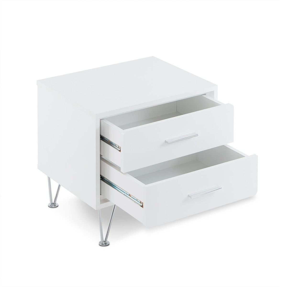 White Accent Table with Storage Drawers and Chrome Legs
