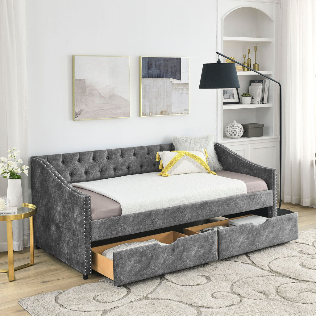 Upholstered Tufted Daybed with 2 Drawers and Waved Arms - Multiple Colors