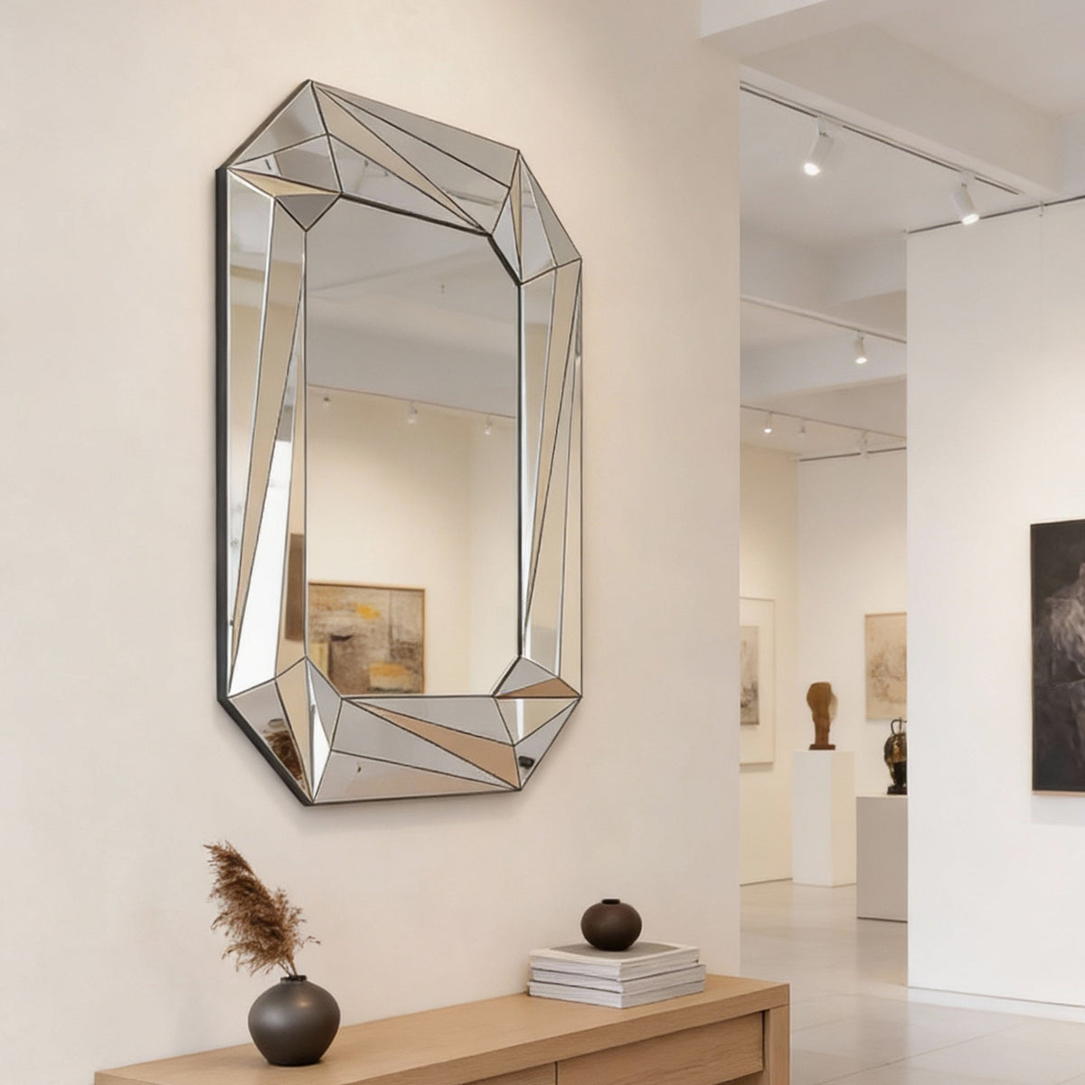 Diamond Shaped Large Wall Mirror with Frameless Modern Design