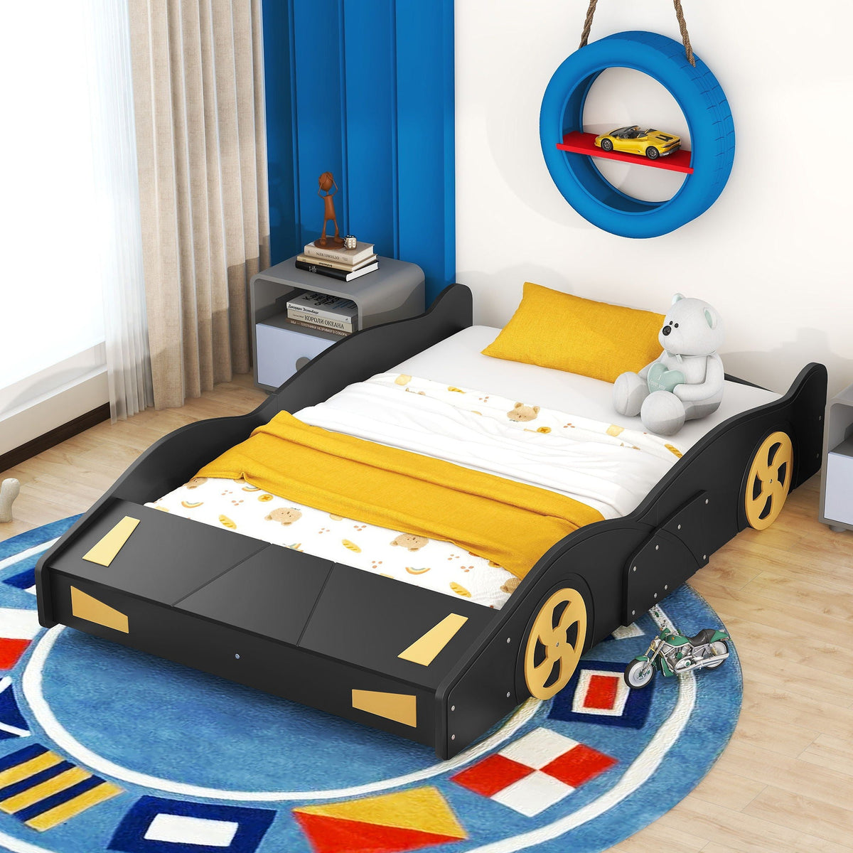 Race Car Platform Bed with Storage and Wheels - Black or Blue