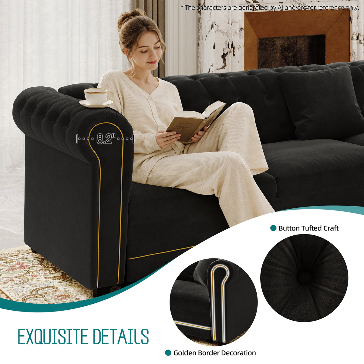 L-Shaped Sofa Couch with Pull-Out Bed - Black Velvet