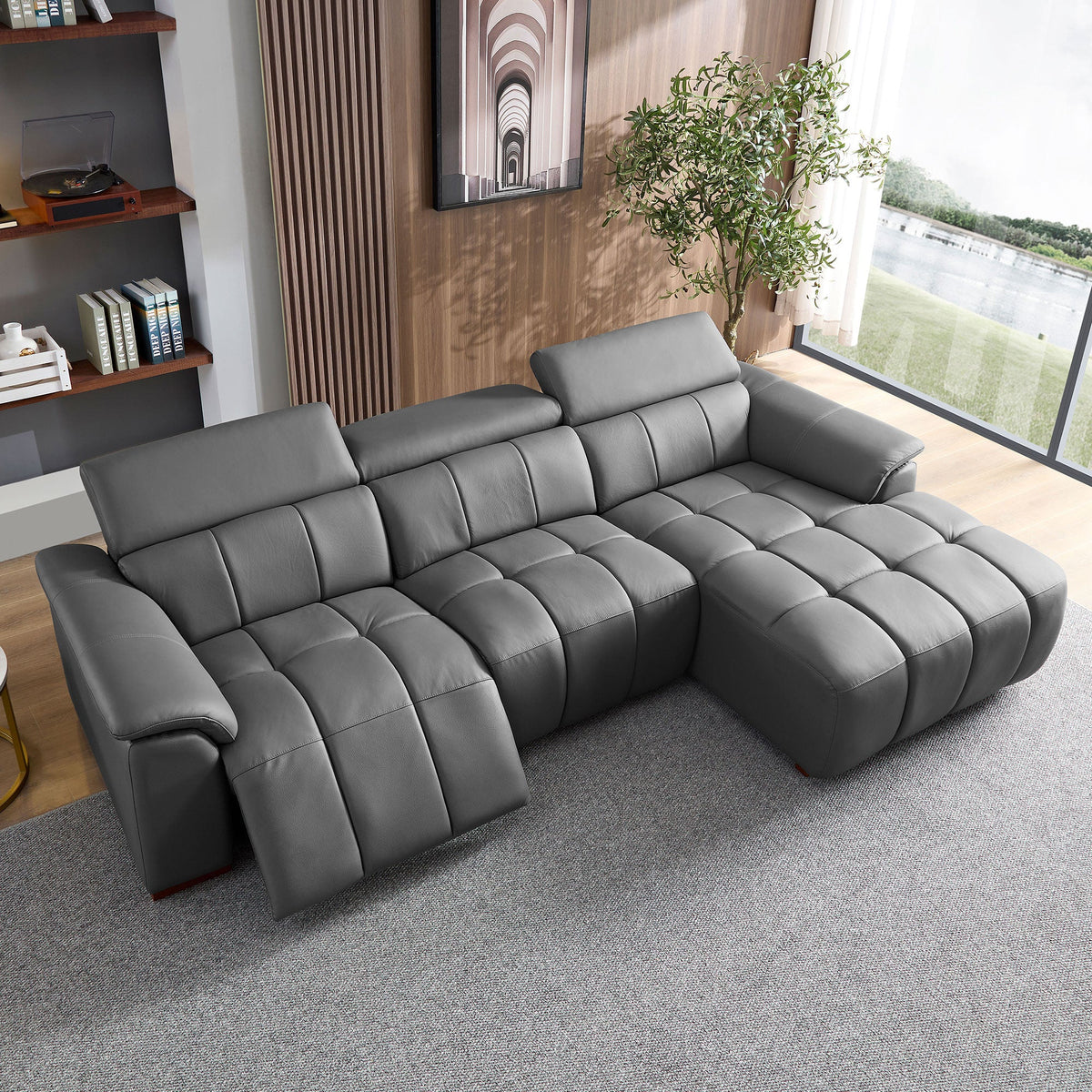 Modern Wall-Hugger Reclining Sofa with Electric Control - Genuine Leather