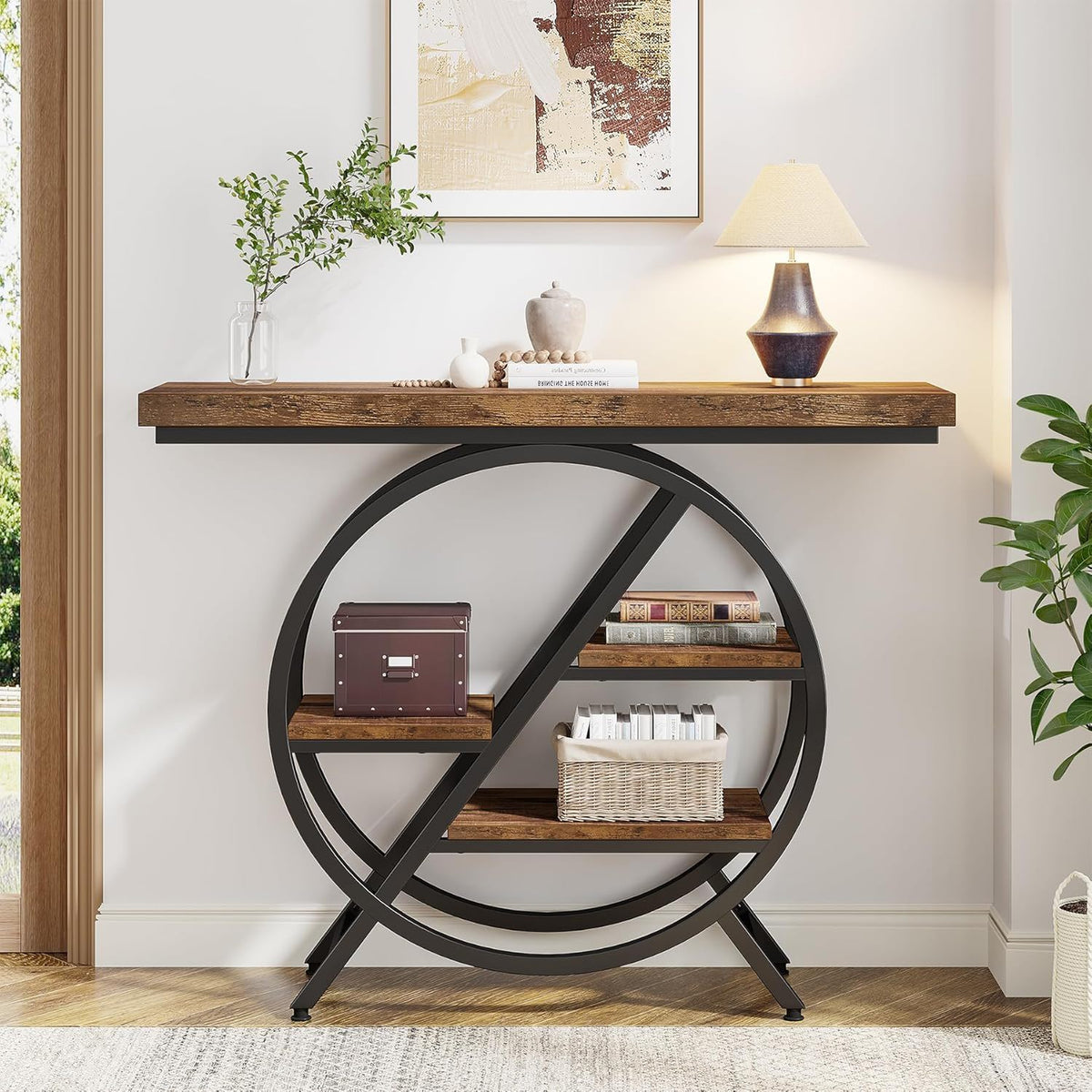 4 Tier Entryway Console Table with Geometric Circle Frame & Storage Shelves - Rustic Brown