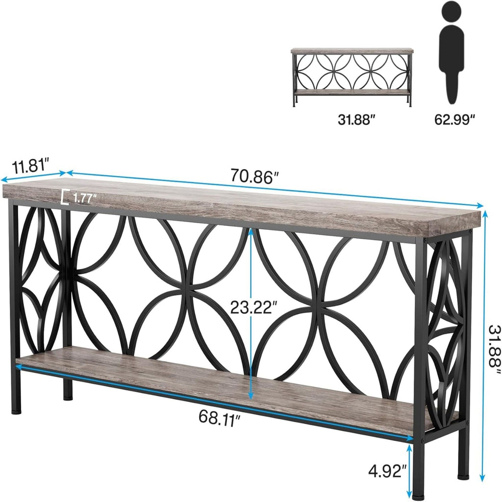 Extra Long Console Table with Open Storage Shelves - Dark Gray or Dark Brown